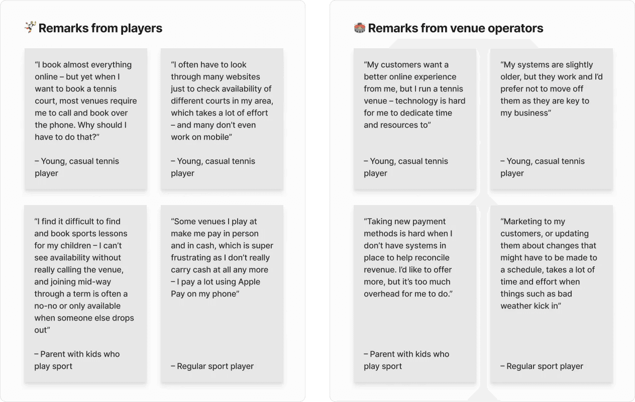 Examples of some of the feedback we got from players and venue operators
